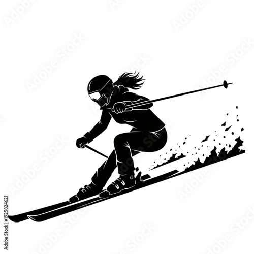 Woman skiing down mountain on skis isolated on transparent background.