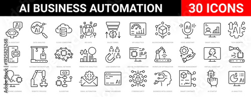 AI Business Automation Icon Set. Editable Stroke Outline Vector for Digital Transformation Smart Workflow. Artificial Intelligence