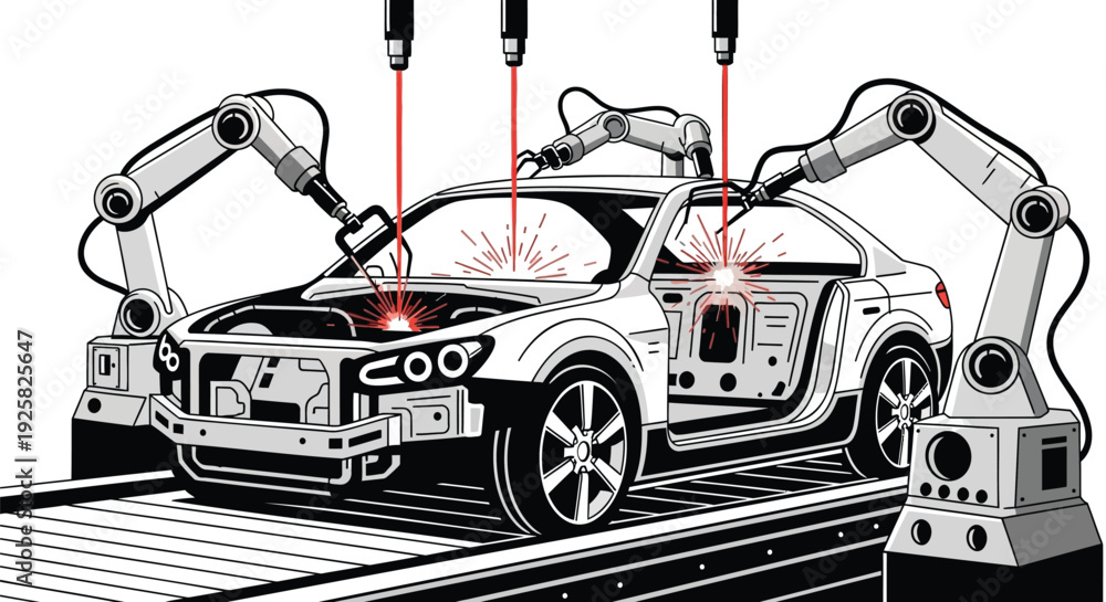 Fototapeta premium Automotive robotic arms welding a modern car on an automated factory assembly line in a clean flat vector illustration style for smart manufacturing and industrial technology.