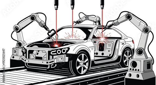 Automotive robotic arms welding a modern car on an automated factory assembly line in a clean flat vector illustration style for smart manufacturing and industrial technology.