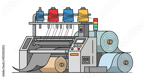 Industrial textile machine illustration showing automated fabric production with colorful thread spools and large textile rolls in a modern factory setting for garment manufacturing industry concepts.
