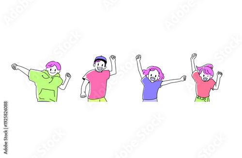 Hand drawn illustration of four colorful kids cheering with raised fists. Success and friendship concept.