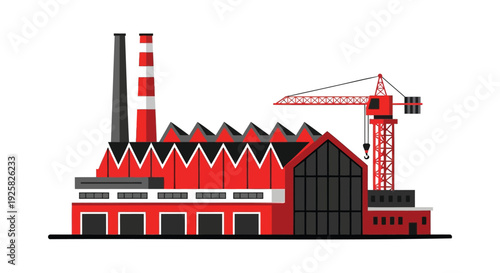 Industrial factory building illustration with a red and black construction crane and large smokestacks, designed in a flat vector style for manufacturing and production concepts.