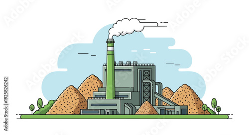 Flat vector illustration of a modern industrial factory building with a green chimney emitting smoke, surrounded by large piles of biomass or wood chips for energy production.