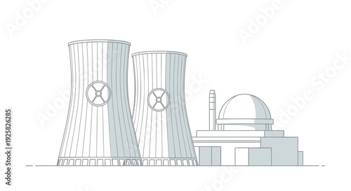 Nuclear power plant minimalist vector illustration showing cooling towers and reactor dome for energy production concepts in a clean flat style for industrial or environmental presentations.