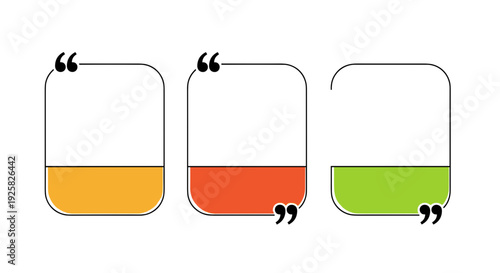 Three rounded rectangular speech bubble quote boxes with colorful bottom sections in yellow red and green isolated