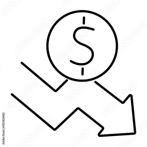 Dollar fall. Inflation concept. Currency devaluation. Coin with dollar sign, chart going down. Linear vector illustration.