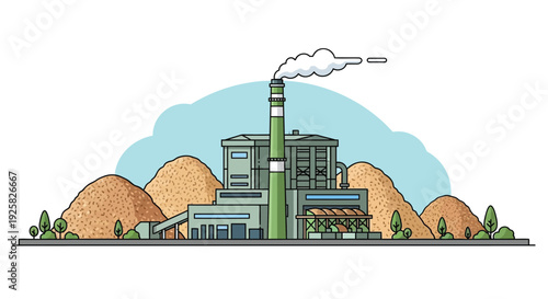 Biomass power plant vector illustration showing a sustainable energy factory processing organic materials with a tall green chimney emitting smoke in a clean industrial landscape setting.