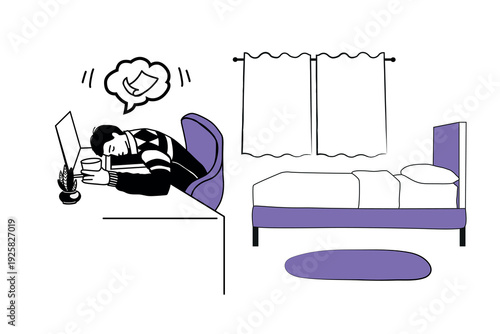 Young man worked late and fell asleep right at desk near computer at home. Doodle vector illustration.