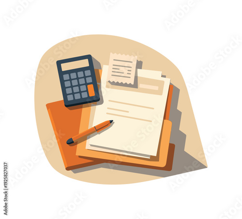 Tax season preparation concept with simple calculator document stack receipt folder and pen arranged neatly seen from top-down