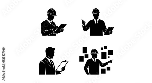 Silhouetted construction engineers in hard hats using tablets and clipboards presenting data on a background