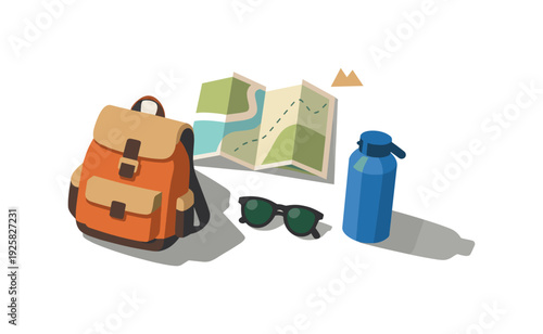 Minimal road trip essentials concept with backpack map sunglasses and water bottle loosely arranged seen from a top-down angle,