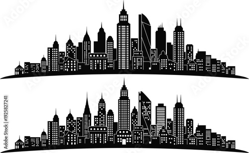 Modern city skyline silhouette set with skyscrapers, urban buildings, downtown towers, architectural landmarks, cityscapes, office blocks, and metropolitan horizon for real estate design