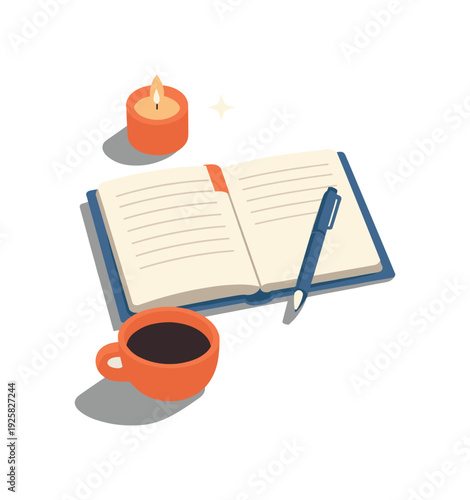 Minimal journaling nightly routine concept with notebook pen candle and cup loosely arranged seen from a top-down angle, offset