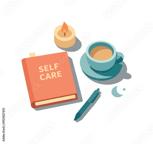 Minimal Self Care Scene. Minimal mental health self care concept with notebook candle pen and cup loosely arranged seen from a top