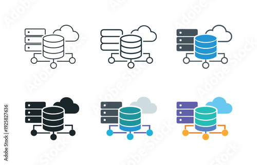 Data Management Icons. Data management symbol showing a server stack, database cylinder, network nodes, and cloud, conveying