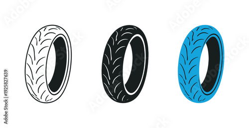 Road journey context depicted as a sport motorbike tire with visible tread pattern and circular form standing upright as a single