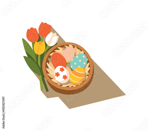 Easter spring celebration concept with simple decorated eggs basket and tulip arranged neatly seen from top-down view, positioned