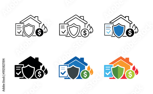Residential insurance icon depicting a house with protective shield, documents, and symbolic indicators representing property