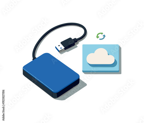 Minimal data backup routine concept with portable drive cable and cloud tile loosely arranged seen from a top-down angle, offset