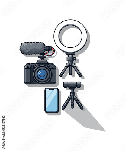 Refined contemporary video content creation essentials with essential camera mic and light elements subtly offset and aligned