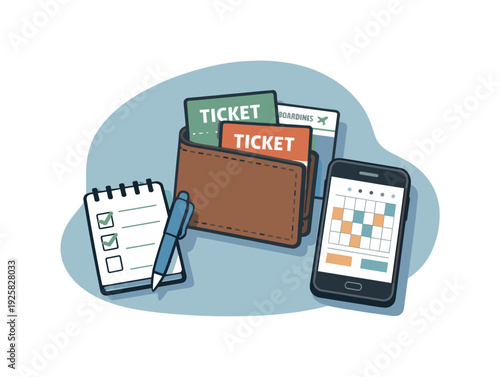 Clean event ticket planning concept viewed from above with generic tickets wallet and phone aligned clearly, placed in the right