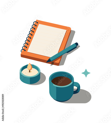 Therapy Session Essentials. Minimal therapy appointment preparation concept with notebook pen candle and cup loosely arranged seen