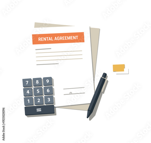 Minimal apartment rental paperwork concept with lease document calculator keys and pen loosely arranged seen from a top-down