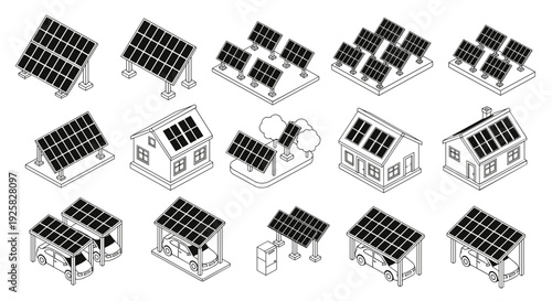 Collection of isometric line art icons depicting solar panels installed on various residential homes industrial
