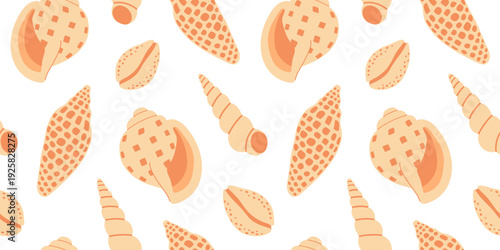 Seamless pattern with seashells on white background. Summer ocean repeat design with conch and shell shapes for beach, card, textile, wrapping, packaging, print, kids, coastal decor. Flat vector.