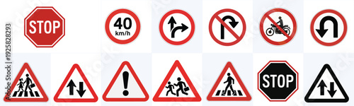 Road Safety Warning Sign Icon Set for Traffic Education Hazard Alert and Transportation Awareness Campaign
