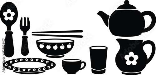 Flat design kitchenware set with teapot pitcher bowl cup plate spoon fork and chopsticks side view simple decorative floral