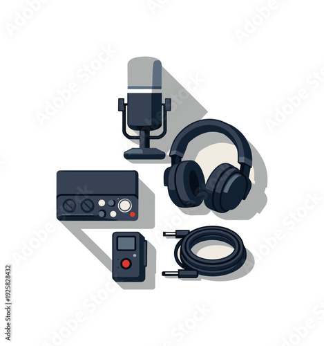 Contemporary Podcast Setup. Refined contemporary podcast recording essentials concept with essential microphone headphones and