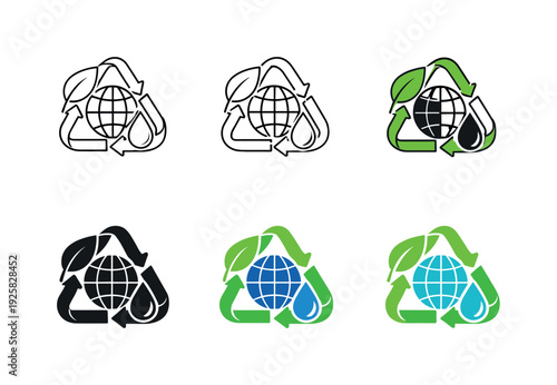 Green and climate action icon combining a leaf, globe, recycle symbol, and water droplet, representing sustainability,