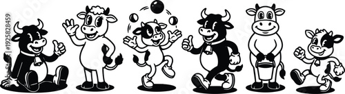 Retro cartoon vector six playful cows in different poses waving juggling walking holding bucket smiling side view black white outline