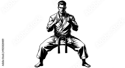 Muscular martial artist in black and white poised in a dynamic fighting stance embodying discipline strength and combat