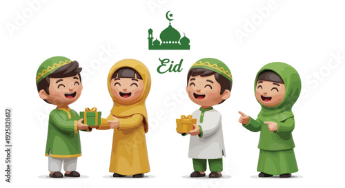 Illustration of four diverse children in traditional Eid clothing exchanging gifts and greeting each other with joyful expressions on a white background.