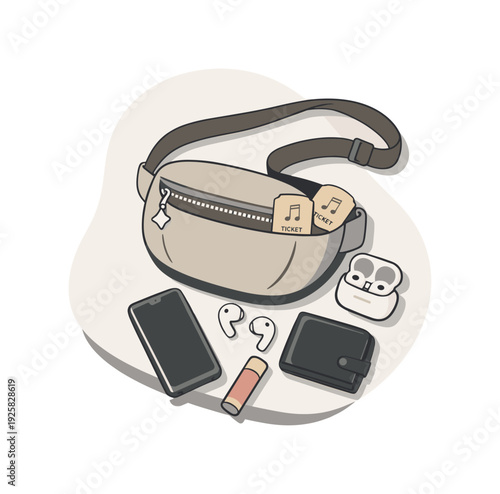Calm concert night essentials concept with bag and accessories slightly angled for balance shown from above, arranged in the
