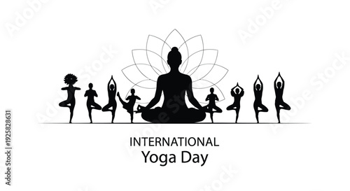 International Yoga Day icon set, yoga poses and lotus flower. Created in black and white minimalist style.