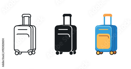 Arrival outcome represented by a rolling travel suitcase with handle and wheels shown three times in a horizontal row, consistent