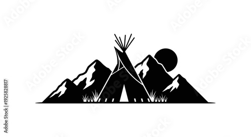 Silhouette of a native american teepee tent set against a backdrop of majestic mountains and a full moon evoking