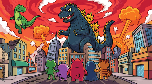 Cartoon monster battle scene illustration, giant dinosaur destroying city with explosions and cute characters watching apocalypse