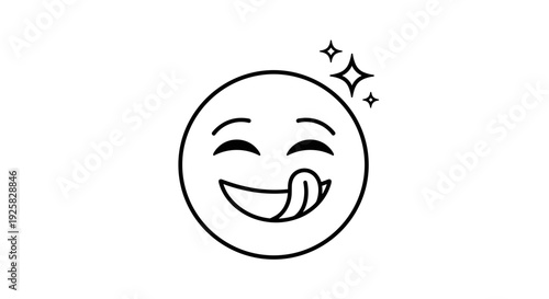 Deliciously happy face emoji with eyes closed and tongue out licking lips sparkling with joy isolated on white