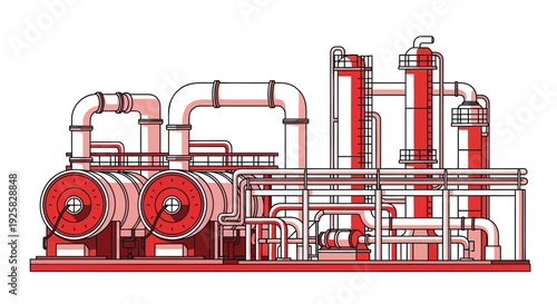 Industrial factory vector illustration featuring complex piping systems, large storage tanks, and distillation columns in a clean red and white minimalist style for manufacturing and energy concepts.