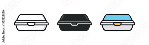 Ordering action captured by a closed clamshell food container with rounded corners and secure lid viewed straight on; same