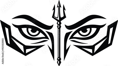 Tattoo flash symmetrical trident and eyes tribal mask vector close up bold black line art emblem fierce gaze centered contrast