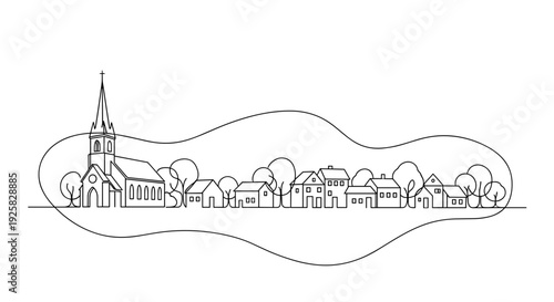 Charming village skyline with a prominent church steeple and quaint houses depicted in a minimalist continuous line art