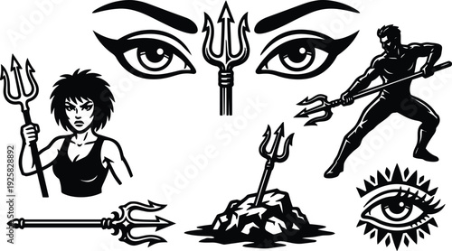 Tattoo flash trident and eye vector set featuring warrior man and woman holding tridents in dynamic poses bold silhouette black