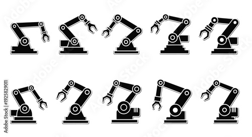 Robotic arm icons set featuring industrial automation machinery for manufacturing and smart factory production processes, presented in a clean flat vector illustration style on a white background.