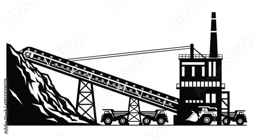 Industrial mining facility vector illustration showing a large conveyor belt transporting raw materials from a rocky quarry into a processing plant with heavy dump trucks and machinery.